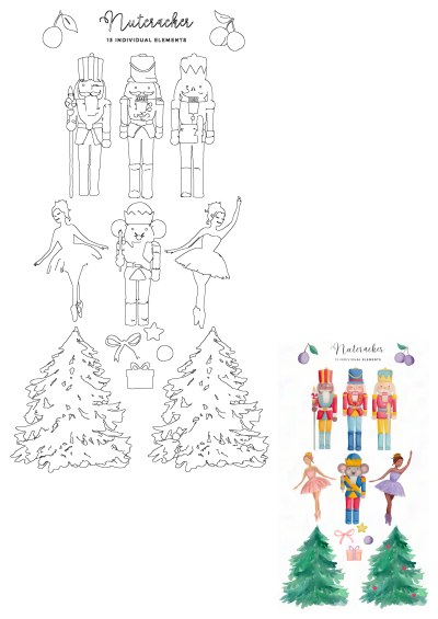 Nutcracker ballet and Christmas themed digital art bundle with 13 watercolor elements and outlines for holiday designs.