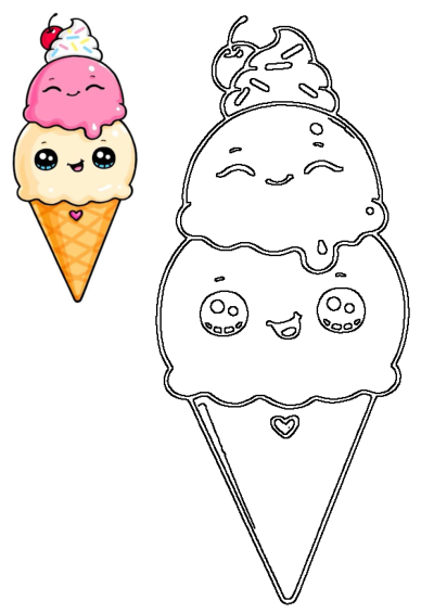 Adorable cartoon-style ice cream cone with two scoops, a cherry on top, colorful sprinkles, and a sweet smile. Perfect for summer fun!