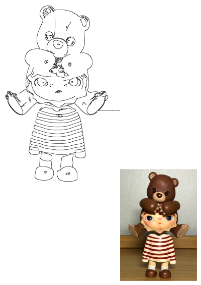 A small figurine of a girl wearing a striped dress with a bear on her head and hands. Cute collectible doll with a unique design.