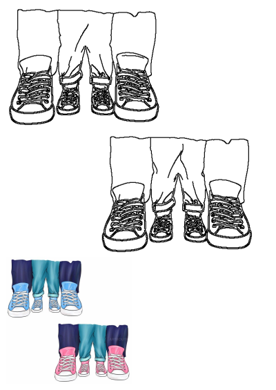 Three pairs of shoes with blue and pink bottoms, one has white laces, a cute illustration of matching sneakers for the family.