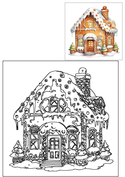 A festive gingerbread house featuring white icing, colorful candy, and snow-capped roof, presented as a vibrant illustration and a black line drawing.