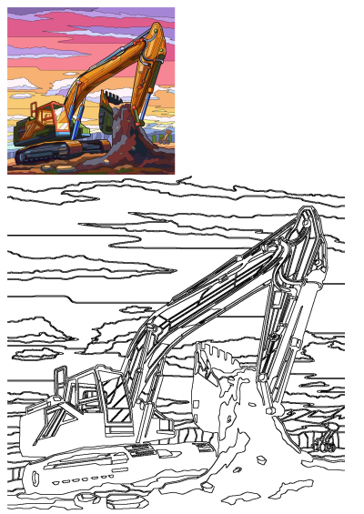 A colorful cartoon excavator digging into the earth against a stylized sky. Perfect for construction, machinery, or cartoon themes.