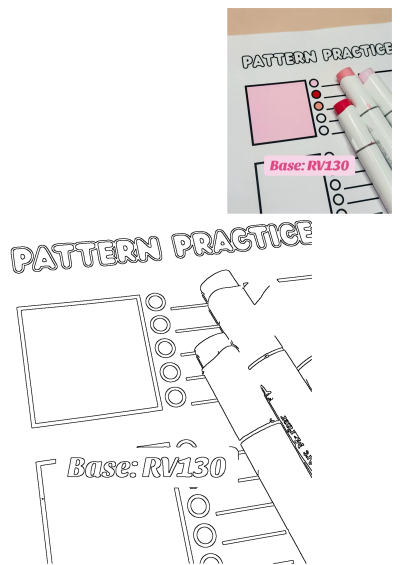 Three markers on a pattern practice sheet labeled 'Base RV130'. Perfect for practicing blending techniques and color patterns with markers.
