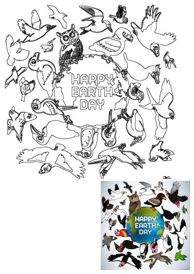 Happy Earth Day image. An earth globe surrounded by various bird species flying around it, with the words 'Happy Earth Day' written on the globe. 