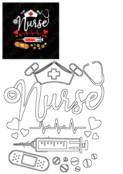 Nurse SVG file for Cricut, EPS and PNG. Image includes a nurse cap, stethoscope, pills, syringe, band-aid, and heart beat graphics.