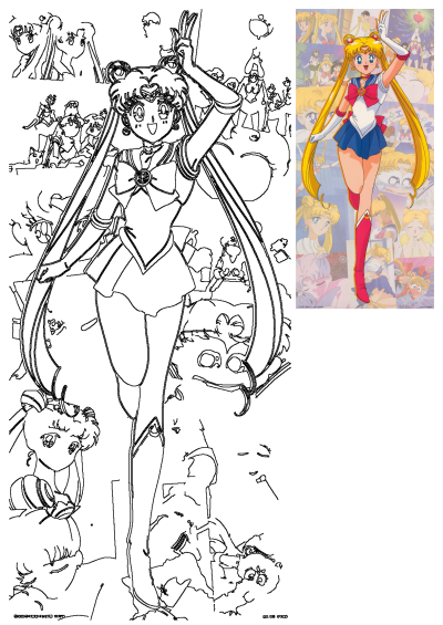 Sailor girl with long blonde hair standing confidently, framed by other anime characters. This vibrant cartoon illustration captures her energy.