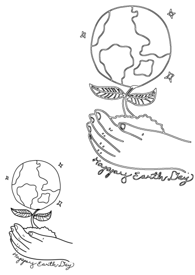 Drawing of a hand gently cradling a plant with the Earth above it, for Earth Day. Representing care for the planet and nature's growth.