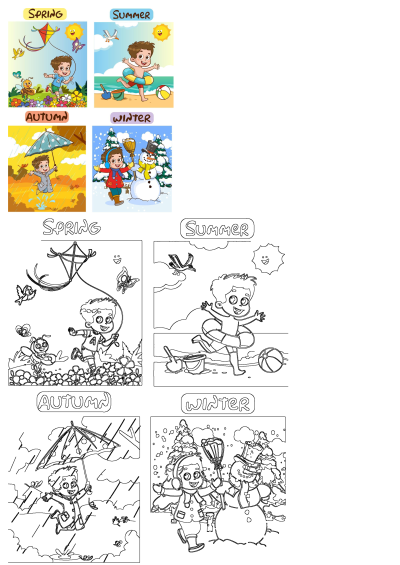 Four different scenes depict children playing in each season: spring, summer, autumn, and winter, with a boy holding an umbrella in autumn.