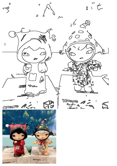 Two small Hirono Echo Series figurines sitting next to each other. One in red and black, the other in colorful patchwork.