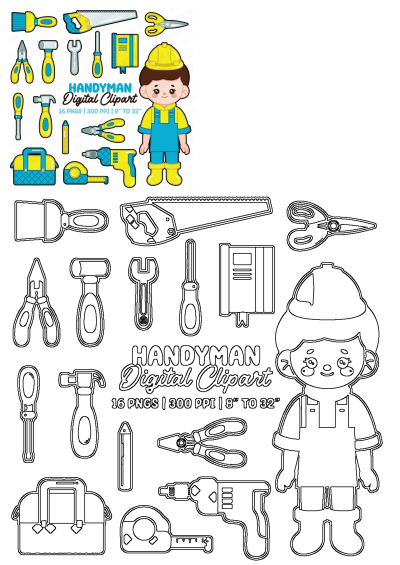 Handyman digital clipart set featuring tools and construction worker's gear. Perfect for DIY projects, crafting, and adding a playful touch to designs.