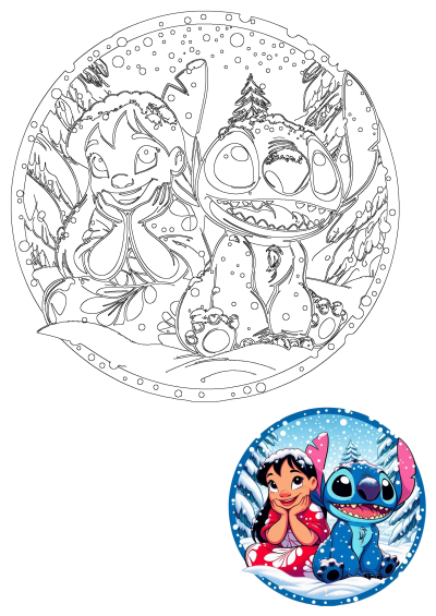 Cute Stitch png and Lilo in a winter design with snow-covered trees. Great picture of Lilo and Stitch movie characters in a Lilo Und Stitch scene.