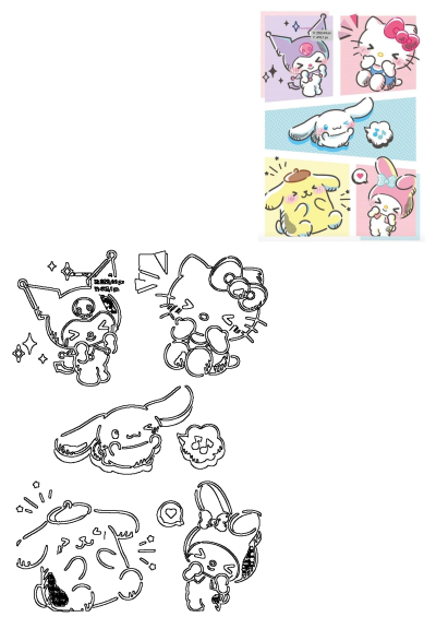 Four different pictures of Hello Kitty, Kuromi, Pompompurin, and My Melody, and other cartoon characters in pastel colors.