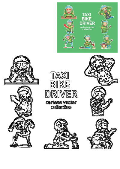 Various stickers depicting the different types of people in green jackets and helmets, with text taxi driver, cartoon vector collection.
