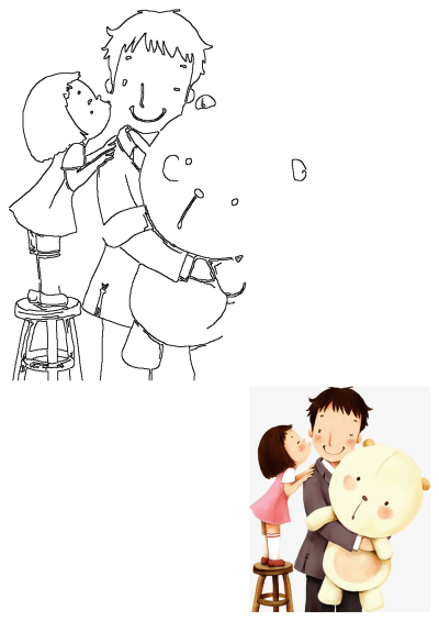 A heartwarming illustration of a dad holding a teddy bear as his daughter stands on a stool to give him a kiss. 