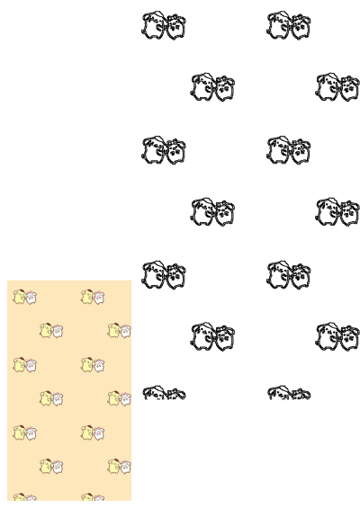 A pattern with cartoon characters, not sheeps, on a yellow background. Features a yellow dog and a white sheep with a pink bow.