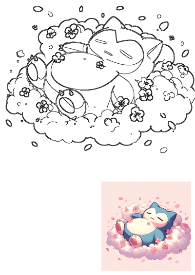 A Snorlax sleeping peacefully on a fluffy cloud with pink flowers surrounding it. A cute and relaxing scene of comfort and tranquility.