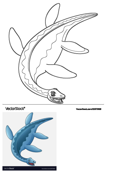 Cartoon of a blue plesiosaur with sharp teeth. This image features a friendly, stylized depiction of the prehistoric marine reptile.