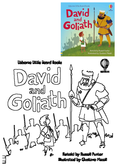 The children's book is about David and Goliath. This is the book cover of the Usborne Little Board Books edition of David and Goliath.