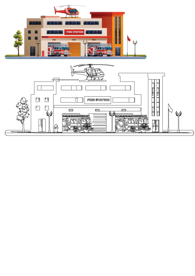 Illustration of a fire station with two fire trucks parked in front, and a red helicopter on the roof. Emergency services concept.