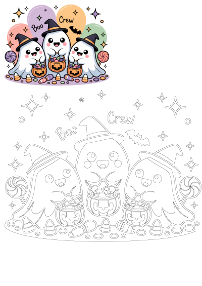 three cartoon ghostes with pumpkins and bats in their hands, surrounded by balloons