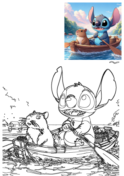 Stitch and his friend enjoy a boat ride on the water in this whimsical image. A fun adventure on a beautiful day! 