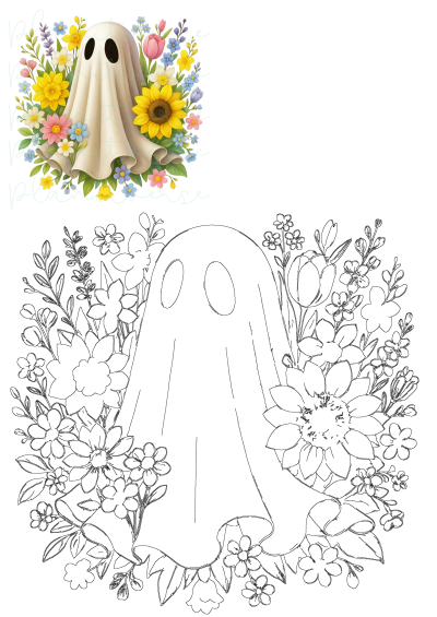 Cute white ghost surrounded by a vibrant arrangement of flowers and plants, adding a touch of whimsy to the Halloween spooky season.