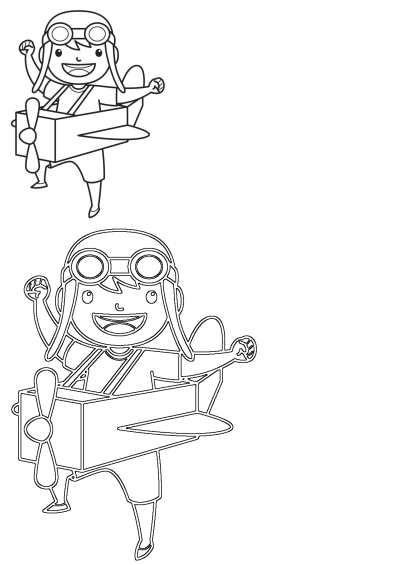 A cartoon drawing of a girl wearing aviator glasses, smiling and in an airplane made of cardboard, raising her hands in happiness.