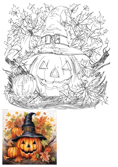 A painting of pumpkins wearing a witch's hat surrounded by colorful autumn leaves. A festive Halloween scene, great for spooky season.