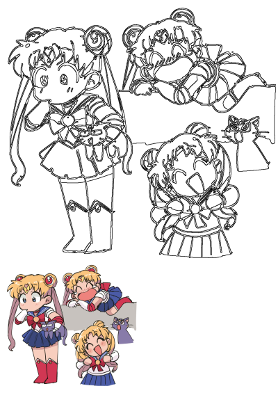 Cartoon fan art of Sailor Moon in chibi style, showcasing different expressions and outfits. Alt: some cartoon characters with different outfits and hair