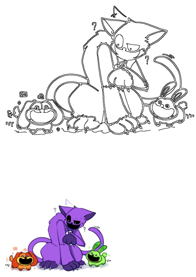 Cartoon image of a purple cat, orange dog, and green rabbit on the ground, with their tails curled up. The cat has question marks over it.