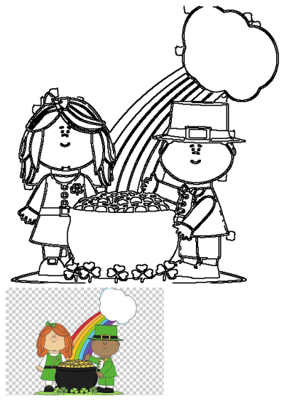 Two cartoon children stand before a pot of gold coins with a vibrant rainbow arcing behind them, perfect for St. Patrick's Day celebrations.