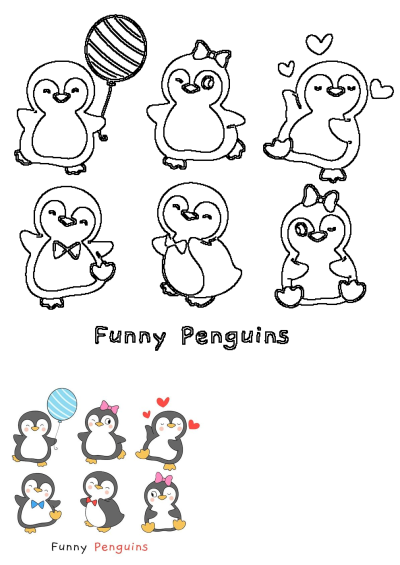 Group of six cute cartoon penguins with balloon decorations, bow ties, and heart accents, standing next to each other, some appearing to hold balloons in mouths.