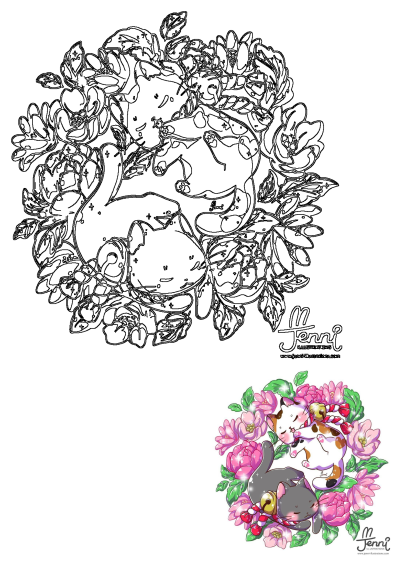 Cute Manga Cats is sleeping in a floral wreath of pink flowers. Adorable anime style kittens snuggling together with bells. 