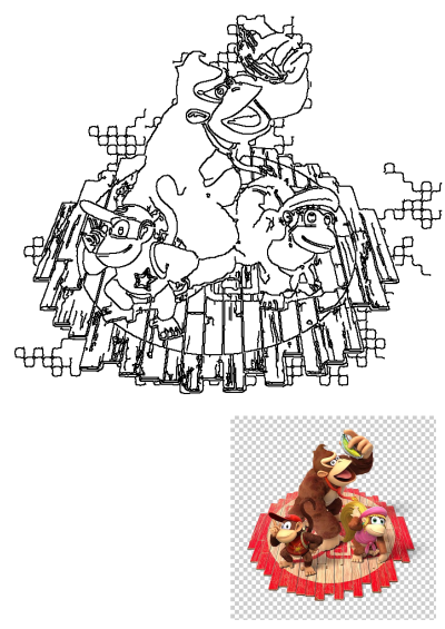 Animated cartoon character with Donkey Kong, Diddy Kong and Dixie Kong together, including a monkey and a girl on the floor, a friendly family.