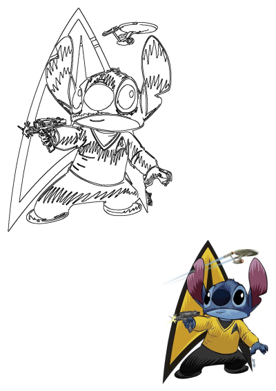 Cartoon Stitch cosplays as a Star Trek officer, holding a phaser against a Star Trek logo, with Enterprise ship in the background.
