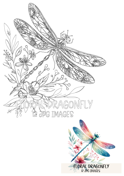 A blue dragonfly with flowers and leaves on its delicate wings, as it flies in the air. Watercolor illustration, floral design. 
