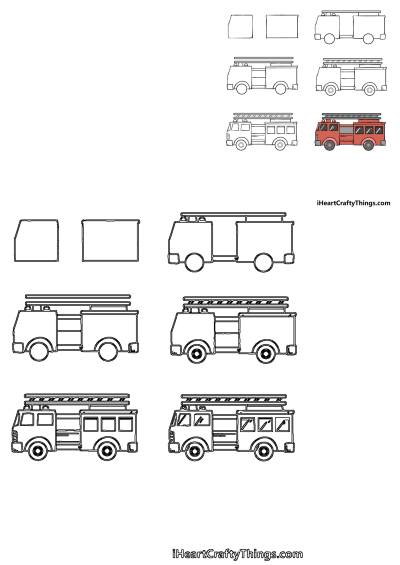 Firetrucks coloring page showing how to draw a firetruck in four different types for kids, easy step by step drawing lessons.