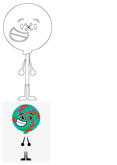 Cartoon lollipop character with arms and legs. The lollipop has a colorful swirl pattern and a happy expression, making it a fun and playful design.