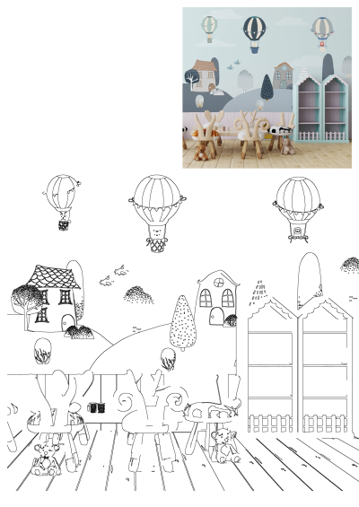 Children's playroom featuring a wall mural with hot air balloons, houses and trees, along with animal chairs, a table, toys and a whimsical bookshelf.