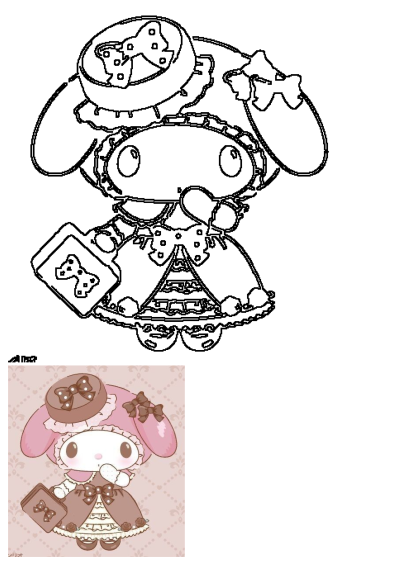 A cute little bunny girl in a frilly dress and hat with luggage on her back. Adorable cartoon bunny stands near a pink patterned wall.