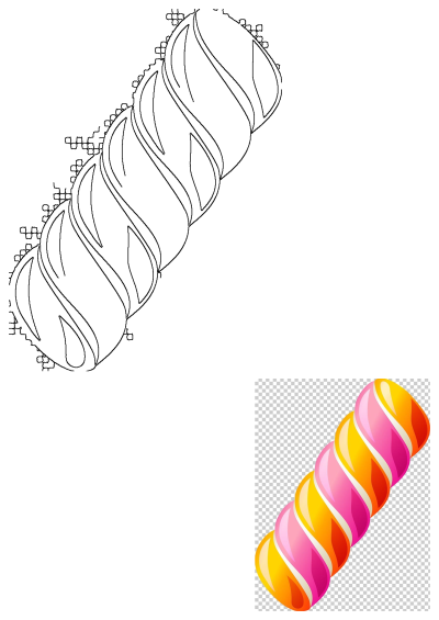 A colorful striped candy png clipart. This image features an orange, pink, and yellow striped object against a white background. 