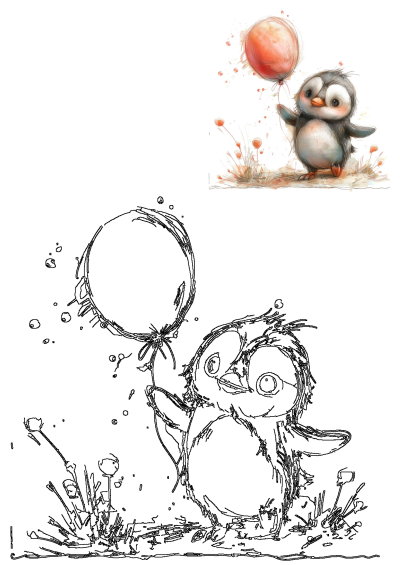 A charming drawing of a fluffy baby penguin holding a bright red balloon, perfect for adding a touch of whimsy and cheer to your project.