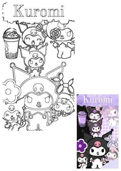 Cartoon image of Kuromi characters on a purple and white checkerboard background. The words 'Kuromi' appear above the characters. Cute and playful.