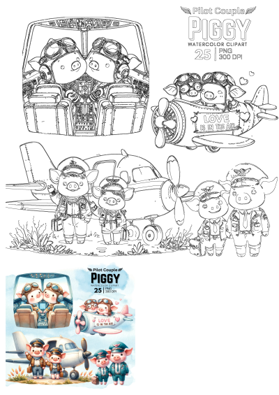 Watercolor clip art featuring cute pig pilots in airplanes. One pig is flying the plane. Perfect for aviation and animal themes.