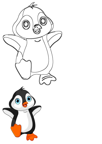 Adorable cartoon penguin illustration with bright blue eyes and orange feet, perfect for a child's project or educational resource.