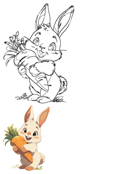 Adorable cartoon bunny illustration holding a big carrot with a happy smile. Perfect for Easter or children's themes. 