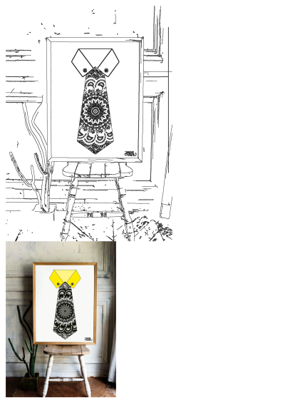 a yellow and black tie on a white background in a wooden frame next to a cactus