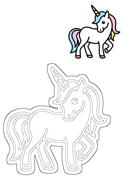 A cute white unicorn cartoon with a yellow horn, blue mane, and pink tail, shown with its matching black outline template.