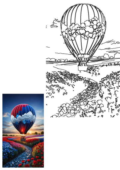 A hot air balloon flying over a vibrant field with red, white, and blue flowers in the foreground, creating a patriotic and picturesque scene.
