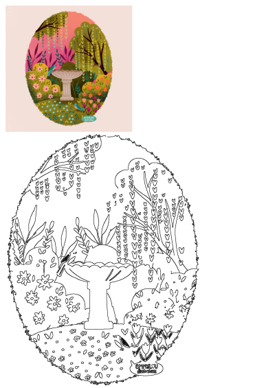 Illustration of a fountain surrounded by trees and colorful flowers, with small blue birds in a whimsical garden setting, for an appealing design.